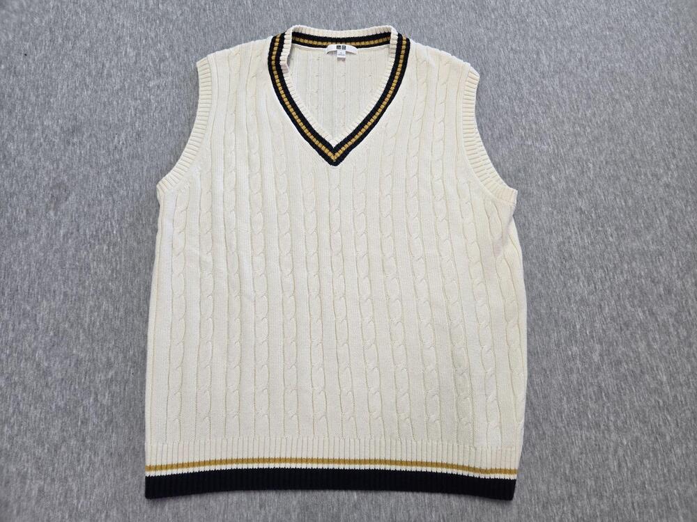 Uniqlo Sweater Vest Mens Large White Cable Knit V Neck Pullover Striped Trim